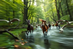 oil painting ,motion blur running caped long haired pixie Quickling - Forgotten Realms dodging geese above water and along winding branches in lush green forest along speeding horses , bokeh like f/0.8, tilt-shift lens 8k, high detail, smooth render, down-light, unreal engine, prize winning