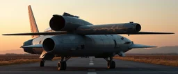 airbrush 3d rendering, Prompt: A cinematic, photorealistic sci-fi aircraft on a runway at dusk, viewed from the rear three-quarter angle. The aircraft has a large vertical tail fin and a weathered metallic fuselage with realistic rivets, panel seams, hydraulics, vents and mechanical details. Mounted across the aircraft's rear section is a long transparent cylindrical lightning tube positioned horizontally from left to right, completely perpendicular to the aircraft's longitudinal body axis.