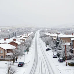 a glimpse of the suburban city, everything is covered in snow, the landscape seems to be made of felt, pastel colours, some people and cars