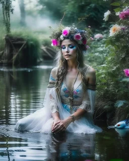 Lens focus DSLR Camera Photography full length image beautiful humanoid Russian Pretty Girl as A Fairy Queen sorrounded full of lotus flowers leaves plenty,fullbody pretty fairy lady drown into the river swim on swampriver and the wonderful river sorrounded birds and flowers, morning heavy fog and smokes background,realistic potrait photoshoot experiences photographer