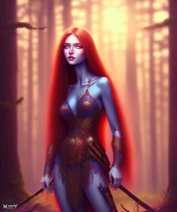 beautiful girl, red long hair, corsage, smile, blue eyes, sehr große oberweite, kriegerin im wald sonnenuntergang, fantasy art