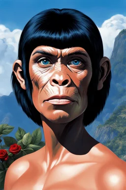 Planet of the Apes - black hair, Deep Blue Eyes - head and shoulders portrait - Lenna, part chimpanzee, part human, short, bowl-cut, straight black hair, the bangs cut straight across the forehead, she resembles a zira from the planet of the apes, and she resembles Leonard Nimoy - Mountains, blue skies, clouds, red roses, blue roses, yellow roses, honeysuckle roses, carnations, lilacs, professional quality, 32k, UHD, glossy, 1080p, Extremely high resolution Digital photograph, reality