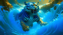 highly detailed water tiger made of water, water animal, water spirit, water tiger shape, blue, no orange color, epic atmosphere, roger dean, craig mullins, peter mohrbacher