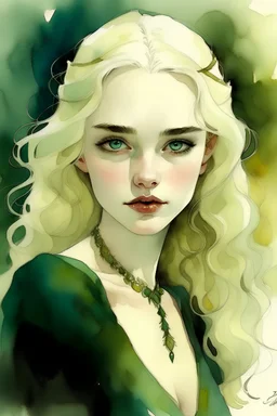 Targaryen princess aged 16, epitomizes Targaryen allure with her silver curls and sapphire eyes. Blonde arched eyebrows, porcelain skin and high soft cheekbones. Wearing gold and dark green, soft make up and full lips. Posed for a portrait, watercolour