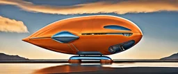 award winning car and driver photograph of a futuristic station wagon dirigible hybrid designed by only one vehicle per image painted metallic orange traveling at a high rate of speed, jet intake off of front center of vehicle and jet exhaust out the rear with bright blue flame, bilaterally symetrical, more a high speed road vehicle