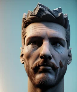 Gran angular, Realistic image, roman sculpture, marble deluxe material, Lionel Messi with Laurel wreath model, miguel angel style, emperador, God light, god rays, 4k resolution, smooth details, ornate details, soft lighting, unreal engine 5, soft cyan background.