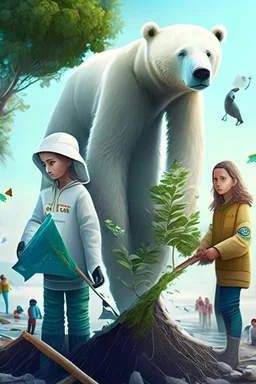 Una niña, un niño y un oso polar se unen a otros animales y personas para plantar árboles, limpiar la basura y usar energía renovable