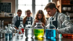 Secondary school practical chemistry lesson. Fantasy, photographic quality and detail, award-winning image, beautiful composition.