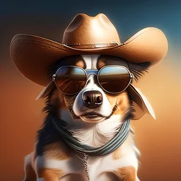 dog with sunglasses and and cowboy hat realistic cute