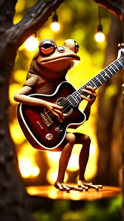 portrait of hairy rock guitar frog living inside a tree house in a hollow huge tree growing light bulbs,bokeh like f/0.8, tilt-shift lens 8k, high detail, smooth render, down-light, unreal engine, prize winning