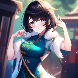 Clear focus,High resolution, Black short fluffy hair, and blue eyes, wearing a Chinese Traditional outfit dark green with black, Blushing, Hand up, white fur around her neck