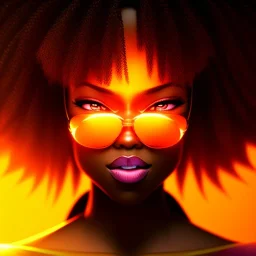 portrait, dark skin female, attractive, fiery hair, orange color theme, rage background, clear focus, high resolution