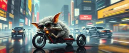 master oil painting by Rembrandt, the tilted quilter,glasses and ticks, cyberpunk imagery synchronized stylized fluffy gremlin with wolf rat aura laying low with drumming kit flat power trike , wet reflective salt flat city, fast motion blur background, translucent tube cars, technocracy mega tv