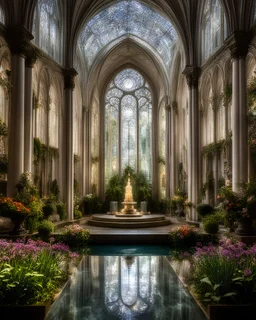 Miniature cathedral inside a transparent glass parabolic box, a world of flowers, plants, fountains and water features, historical, fantasy, mythical, gentle, symmetry, detailed and beautiful composition, totally symmetrical, halo lighting and chiaroscuro, clarity and precision. Award-winning photograph.