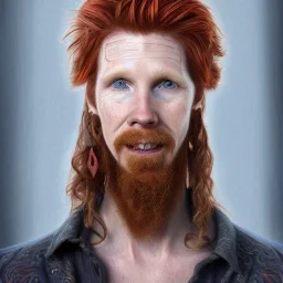 Portrait of Courtney Gains as a ruggedly handsome but joyful roguish pirate, charismatic, attractive male, masculine, perfect, precisely detailed, lightly freckled face, meticulously detailed multi-hued ginger carrot colored cherry fire red hair; Malachai of the corn; fantasy, intricate, elegant, highly detailed, digital painting, artstation, concept art, matte, sharp focus, illustration, art by artgerm and greg rutkowski and alphonse mucha