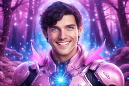 cosmic bionic beautiful men, smiling, with light blue eyes and straight blu dark hair in a magic extraterrestrial landscape with pink fairy forest stars and bright beam