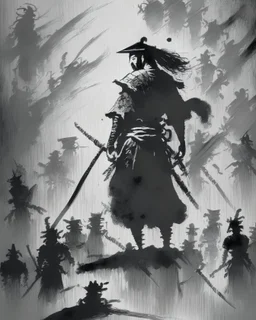 A powerful scene of a lone warrior standing defiantly against an army of shadowy figures, in the style of ink wash painting, bold brushstrokes, contrasting light and shadow, and a sense of movement, 28K resolution, inspired by the works of Hokusai and Qi Baishi, symbolizing the strength and resilience of the human spirit.