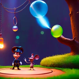 The hangman and the mouse discussing the future of the universe on bubble world, art by Pixar and Dreamworks