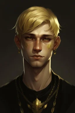 A young half elf man with White-Blonde, short hair, black eyes, dressed in black and gold with lots of jewelry, hero 30 years old