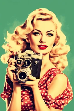 portrait of a blonde woman with a camera, background old torn paper, pin-up style, bright colors,