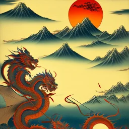 Ukiyo-e art, dragon, mountains, sun