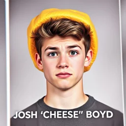 Portrait of a Awkward freshman high school teen boy with a confused expression in a Yearbook wearing a cheese wedge foam hat, digital photography, Yearbook face composition, text "JOSH 'CHEESE' BOYD" name under picture