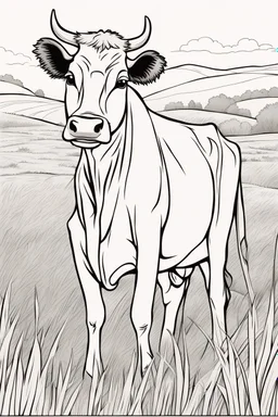 coloring page, cow in a grassy meadow, cartoon style, thick lines, low detail, no shading