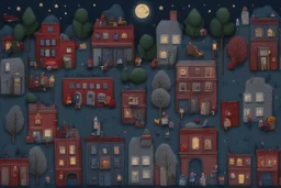 knitted city, trees, animals, peope, shops at night in moonlight