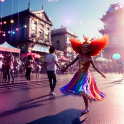 Ultra Realistic photo, medium shot view, drunken dancer Asian woman, carnival scene, monster hair, steampunk. Red hair, confeti, smile, happy, festival, ovnis, gradient color fog. highly detailed, concept art, unreal engine 5, ray tracing, RTX, lumen lighting, ultra detail, volumetric lighting, 3d, finely drawn, high definition, high resolution.