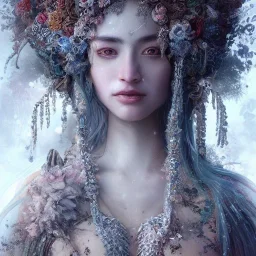 Insanely detailed photograph of an “portrait of gorgeous winter goddess ” with intricate hair, intricate embroidered dress, beautiful clear face and hyperdetailed painting by Ismail Inceoglu Huang Guangjian and Dan Witz CGSociety ZBrush Central fantasy art album cover art,8K, hdr, romantic, mysterious, ominous, beautiful flowers, jewelry, comfort, natural eyes,naked,tasteful