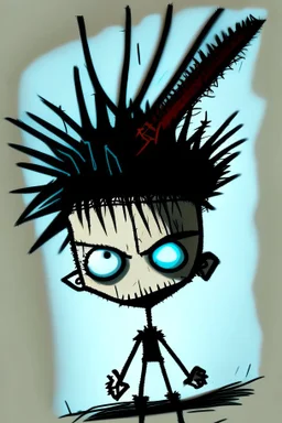 2d drawing of a stickman, cool with punk hair, x eyes like in hangman, flying, 3d realistic in colour