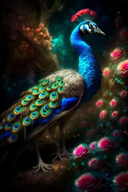 Create a picture of a strange colorful peacock standing near its twigs of branches and flowers lying on the river bank, decorated with flowers, highly detailed, maximalist, dreamy setting, high fine defined details, sharp, high resolution HDR 8x Modifiers: crisp quality Joris Hoefnagel Antonis Fylladitis velvety Lawrence alma tadema