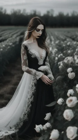 black lace scarf and dirty white wedding dress in a field of white roses.cinematic picture