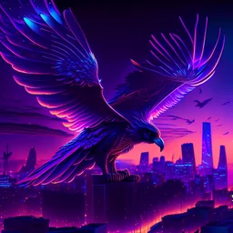 ((( a neon purple majestic Phoenix, wings spread out over the skyline of San Diego during the blue hour, with a strong focus on the details of the phoenix's body and quality of 64k resolution))) ((((masterpiece, good quality, intricate details))))