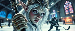 close up portrait of shiny ice priestess dark elf with lavender eyes and white silver hair, and with magical aura hockey staff, pin hole cam, master oil painting by Rembrandt, d&d glam rock and glitter vampire gremlin illithid and lich playing hockey in ice skating hall or church, in the style of giger and escher, sci fi with floating little saucers
