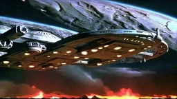 a screen capture from a star trek movie of a battle-damaged starship enterprise IN the year 2380 IS IN A BATTLE with monster ufos sci-fi meticulous, highly-polished, photorealistic, studio production, intricately detailed, GALACTIC, directed by gene Roddenberry, looking down and from the left rearcorner,visiblaftalsdjfafterburner