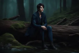 evan buckley with short dark hair and blue eyes sitting on a log , photorealistic, 4k, dark fantasy