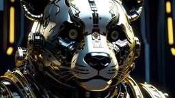 dark portrait of a detailed chrome & gold cyborg panda on a low gravity world. alien mega structures everywhere. futuristic. photoreal