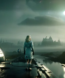 Ultra Realistic retro sci-fi scene, portrait, 2 blonde woman clones, sweet young Marilyn Monroe face, perfect iris, tight latex coat, helmet, Strange planet background. Spaceship, fog, rain, soft color, highly detailed, unreal engine 5, ray tracing, RTX, lumen lighting, ultra detail, volumetric lighting, 3d, finely drawn, high definition, high resolution.