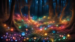 dream world, vast enormous warm forest, tiny multicoloured gemstones, twinkling lights, calm beauty, fantasy world, magic, night, darkness, splendor, uplifting, inspiring, therapeutic, chiaroscuro, color, award-winning colour photograph, beautiful composition, Nikon 35mm