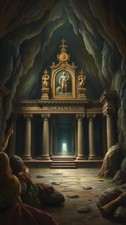 Bosch painting style , An amazing temple with a great status all around in un underground dark cave