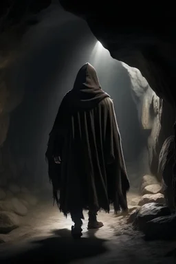 a man in the Middle Ages in a long cloak and hood walks through a dark cave with his back to us