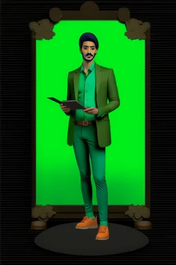 Modern guy, 20s, holding "ipad" in left hand, looks like a renaissance painting, walking forward, full body, "persian green", "right hand in pocket". "Front facing" "forward view"