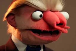 Angry muppet trump in suit, no tongue, looking forward, face, small nose