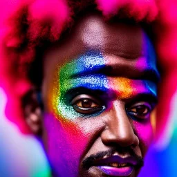 masterpiece, best quality, old man, dark skinned, sparkling eyes, fluorescent skin, colorful makeup, afro, head shot, highly detailed body, sun light, 4K, RAW, depth of field, high contrast, realistic details, 24mm