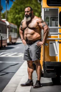 half figure photography of a 44 year old stocky burly arab , shirtless, bulging shorts,at a bus stop, hands on the fap, big shoulders, hairy chest, tattoo, very virile, short beard, short hair, side light, in a sunny street, photorealistic