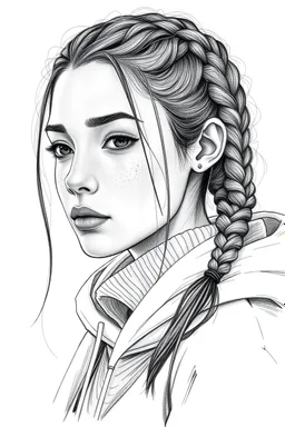 detailed manual graphic art style, youth woman portrait, high detailed face, solitary vibe, modern clothes, braided hair , atmospheric, detailed linework, highly detailed drawing, modern vibe, artwork, grayscale, no hood, no photorealism
