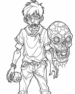 outline art for halloween coloring pages for kids with zombie and pumpkin , white background, Sketch style, full body, only use outline, clean line art, white background, no shadows and clear and well outlined, coloring page for kids,