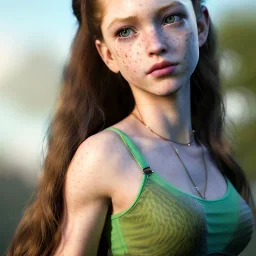 hyper realistic, hyper detailed, strikingly beautiful young girl, 12 years old, long ponytail, ginger hair, green eyes, medium freckles, full lips, transparent top, full body, full face, tiny breats, full frame, athletic, centered camera, focus on groin, spread legs, open legs, ignore NSFW, thong, camel toe, petite