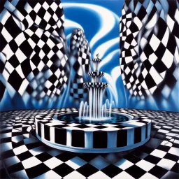 black and white optic art checkerboard design, hypersurreal fountain and waterfall, surreal, by Salvador Dali, Noir, matte oil painting, intricate detail, dramatic, volumetric lighting, vivid color scheme, red and crystal blue highlights, vortex art.